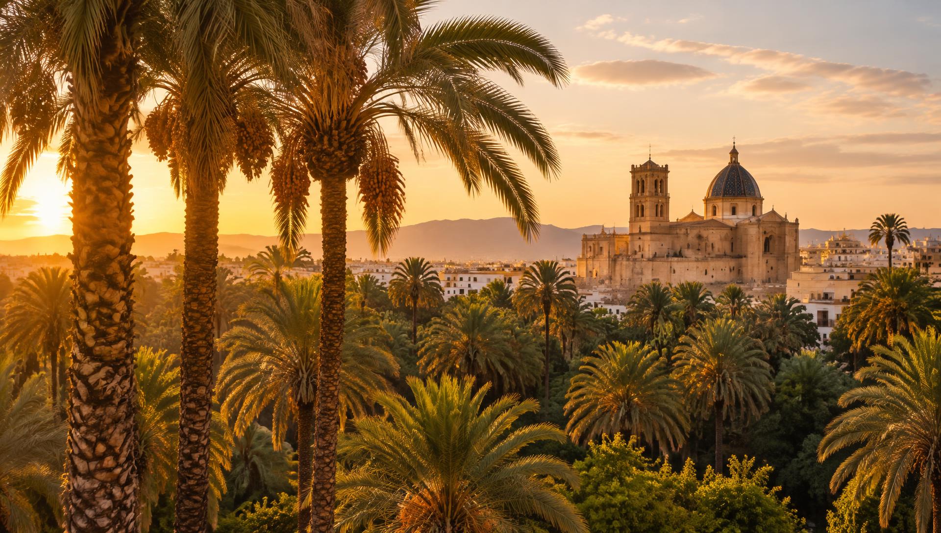 Palmlundar och Basílica de Santa María i Elche vid solnedgång