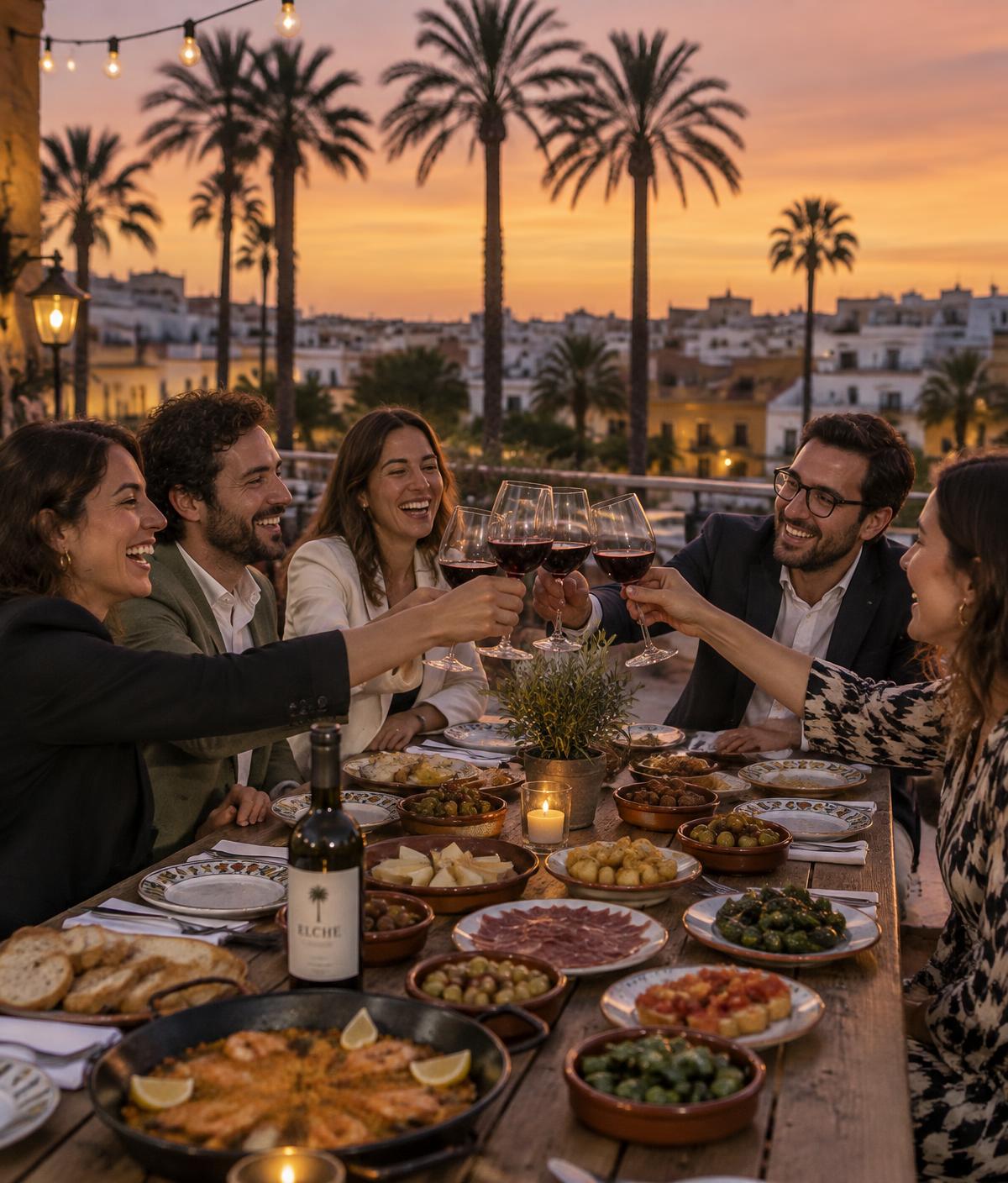 Team äter tapas på en terrass i solnedgången